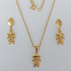 CONJUNTO FOLHEADO A OURO - BANHADO COM 5 MILÉSIMOS + VERNIZ DIAMOND - CONJUNTO COM CORRENTE BOLINHA 40CM E COM BRINCOS DE PINO MENINA 10MM - OURO1044