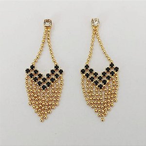 BRINCO FOLHEADO A OURO - BANHADO COM 5 MILÉSIMOS + VERNIZ DIAMOND - BRINCO DE PINO COM ZIRCÔNIAS PRETAS E CORRENTE BOLINHA 48MM - OURO1053