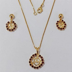 CONJUNTO FOLHEADO A OURO - BANHADO COM 5 MILÉSIMOS + VERNIZ DIAMOND - CONJUNTO COM CORRENTE VENEZIANA 45CM E PINGENTE E BRINCOS COM MICRO ZIRCÔNIAS VERMELHAS 14MM - OURO1074