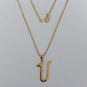 GARGANTILHA FOLHEADO A OURO - BANHADO COM 5 MILÉSIMOS + VERNIZ DIAMOND - CORRENTE DE 45CM VENEZIANA PINGENTE LETRA U 14MM- OURO1090