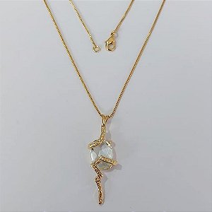 GARGANTILHA FOLHEADO A OURO - BANHADO COM 5 MILÉSIMOS + VERNIZ DIAMOND - CORRENTE DE 45CM VENEZIANA PINGENTE ZIRCÔNIA CRISTAL 12MM- OURO1092