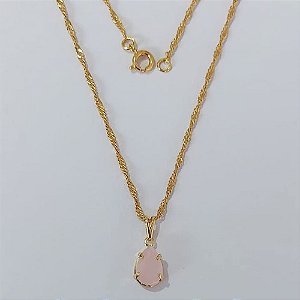 GARGANTILHA FOLHEADO A OURO - BANHADO COM 5 MILÉSIMOS + VERNIZ DIAMOND - CORRENTE DE 45CM SINGAPURA PINGENTE ZIRCÔNIA ROSA 8X12MM- OURO1094