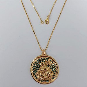 GARGANTILHA FOLHEADO A OURO - BANHADO COM 5 MILÉSIMOS + VERNIZ DIAMOND - CORRENTE VENEZIANA 45CM PINGENTE COM MICRO ZIRCÔNIAS VERDES 33MM- OURO1102