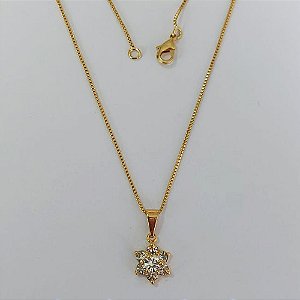 GARGANTILHA FOLHEADO A OURO - BANHADO COM 5 MILÉSIMOS + VERNIZ DIAMOND - CORRENTE VENEZIANA 45CM PINGENTE FLOR COM ZIRCÔNIAS 9MM- OURO1107