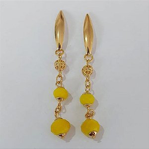 BRINCO FOLHEADO A OURO COM VERNIZ DIAMOND - BRINCO DE PINO BASE LISA COM BOLA VAZADA E PEDRA NATURAL AMARELA 71MM - OURO1156