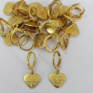 BRINCO NO BRUTO PRONTO PARA O BANHO - (CX.147) BRINCO ARGOLINHA DE PRESSÃO (TRANQUETA) (4012) COM PINGENTE CORAÇÃO SÃO BENTO 10MM - PESO TOTAL 1,8GR - COMPOSIÇÃO: 100% LATÃO - BRU0003661