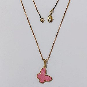 GARGANTILHA NO BRUTO PRONTO PARA O BANHO - COM CORRENTE VENEZIANA DE 45CM - PINGENTE BOORBOLETA ROSA 15MM PESO: 3,0GR - BRU0003689