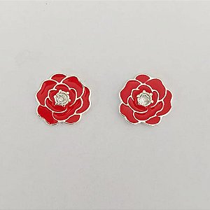 BRINCO FOLHEADO A PRATA COM 50 MILÉSIMOS + VERNIZ DIAMOND - BRINCO DE PINO FLOR ESMALTADA VERMELHA COM ZIRCÔNIA 15MM PRA838