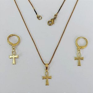 CONJUNTO NO BRUTO PRONTO PARA O BANHO COM CORRENTE VENEZIANA DE 45CM (100% LATÃO )(294) - PINGENTES CRUZ EGÍPCIA 13MM- PESO: 3,9GR - BRU0003707