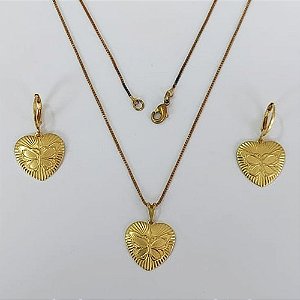 CONJUNTO NO BRUTO PRONTO PARA O BANHO COM CORRENTE VENEZIANA DE 45CM (100% LATÃO )(4998) - PINGENTES CORAÇÃO DIAMANTADO BORBOLETA 17MM- PESO: 7,1GR - BRU0003709