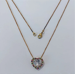 GARGANTILHA NO BRUTO PRONTO PARA O BANHO(COM CORRENTE VENEZIANA DE 45CM)BASE EM ALTA FUSÃO CRAVEJA EM MICRO ZIRCONIAS COLORIDAS 15MM /COM PEDRA DE ZIRCONIA DE 10MM/PESO TOTAL 3,6GR / BRU0003743