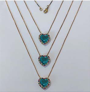 GARGANTILHA NO BRUTO PRONTA PARA O BANHO - KIT COM 3 GARGANTILHAS COM CORRENTES VENEZIANA 45CM E PINGENTES COM BASES EM ALTA FUSÃO CORAÇÃO CRAVEJADAS COM MICROS ZIRCÔNIAS COLORIDA E PEDRA EM ZIRCÔNIA 10MM - PESO TOTAL 3,4GR/UNIDADE - BRU3747