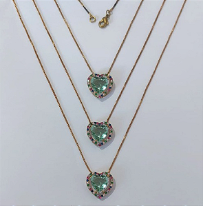 GARGANTILHA NO BRUTO PRONTA PARA O BANHO - KIT COM 3 GARG. COM CORRENTES VENEZIANA 45CM E PINGENTES COM BASES EM ALTA FUSÃO CORAÇÃO CRAVEJADAS COM MICROS ZIRCÔNIAS COLORIDA E PEDRA EM ZIRCÔNIA 10MM - PESO TOTAL 3,4GR/UNIDADE - BRU0003750