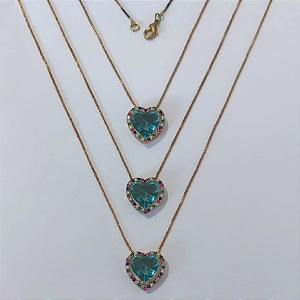 GARGANTILHA NO BRUTO PRONTA PARA O BANHO - KIT COM 3 GARG. COM CORRENTES VENEZIANA 45CM E PINGENTES COM BASES EM ALTA FUSÃO CORAÇÃO CRAVEJADAS COM MICROS ZIRCÔNIAS COLORIDA E PEDRA EM ZIRCÔNIA 10MM - PESO TOTAL 3,4GR/UNIDADE - BRU0003751