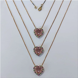 GARGANTILHA NO BRUTO PRONTA PARA O BANHO - KIT COM 3 GARG. COM CORRENTES VENEZIANA 45CM E PINGENTES COM BASES EM ALTA FUSÃO CORAÇÃO CRAVEJADAS COM MICROS ZIRCÔNIAS COLORIDA E PEDRA EM ZIRCÔNIA 10MM - PESO TOTAL 3,4GR/UNIDADE - BRU0003754