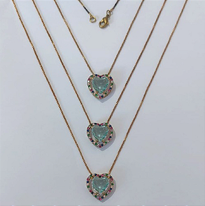 GARGANTILHA NO BRUTO PRONTA PARA O BANHO - KIT COM 3 GARG. COM CORRENTES VENEZIANA 45CM E PINGENTES COM BASES EM ALTA FUSÃO CORAÇÃO CRAVEJADAS COM MICROS ZIRCÔNIAS COLORIDA E PEDRA EM ZIRCÔNIA 10MM - PESO TOTAL 3,4GR/UNIDADE - BRU0003757