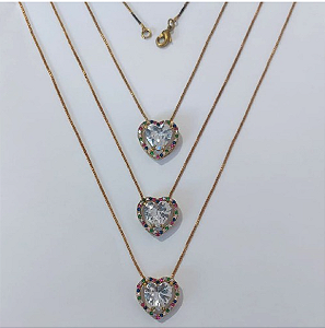 GARGANTILHA NO BRUTO PRONTA PARA O BANHO - KIT COM 3 GARG. COM CORRENTES VENEZIANA 45CM E PINGENTES COM BASES EM ALTA FUSÃO CORAÇÃO CRAVEJADAS COM MICROS ZIRCÔNIAS COLORIDA E PEDRA EM ZIRCÔNIA 10MM - PESO TOTAL 3,4GR/UNIDADE - BRU0003760