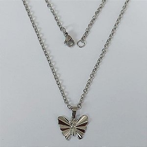 GARGANTILHA EM AÇO INOXIDÁVEL(CX147)- CORRENTE DE 45CM (03) PINGENTE BORBOLETA 16MM AÇO2319