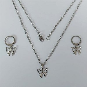 CONJUNTO EM AÇO INOXIDÁVEL(CX147) - CORRENTE DE 45CM (03) BRINCOS ARGOLAS DE PRESSÃO COM PINGENTES LAÇO VAZADO 12MM AÇO2322