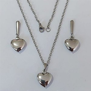 CONJUNTO EM AÇO INOXIDÁVEL(CX147) - CORRENTE DE 45CM (03) BRINCOS BASE LISA COM PINGENTES CORAÇÃO DUPLO LISO 13MM AÇO23223
