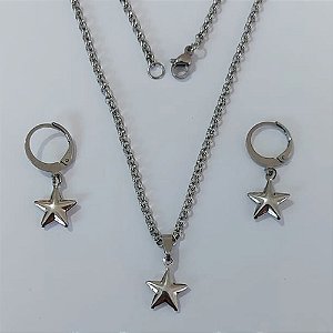 CONJUNTO EM AÇO INOXIDÁVEL(CX147) - CORRENTE DE 45CM (BCL33) BRINCOS ARGOLA DE PRESSÃO PINGENTES ESTRELA DUPLA LISA 10MM AÇO23225