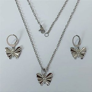 CONJUNTO EM AÇO INOXIDÁVEL(CX147) - CORRENTE DE 45CM (03) BRINCOS ARGOLA DE PRESSÃO PINGENTES BORBOLETA LISA 16MM AÇO23226