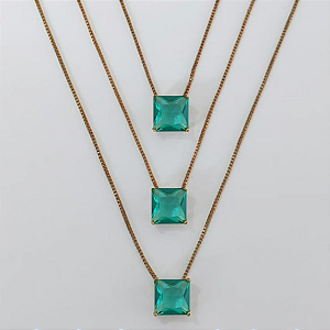 GARGANTILHA NO BRUTO PRONTA PARA O BANHO - KIT COM 3 GARGANTILHAS COM CORRENTES VENEZIANA 45CM E PINGENTES COM BASES EM ALTA FUSÃO E ZIRCÔNIA QUADRADA VERDE 8X8MM - PESO TOTAL 4,9GR - BRU3801