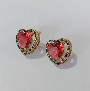 BRINCO NO BRUTO PRONTO PARA O BANHO (BASE DE 15MM TODA CRAVEJADA EM MICRO ZIRCONIAS COLORIDA E PEDRA DE ZIRCONIA DE10MM CORAÇÃO(PEÇA EM ALTA FUSÃO) - PESO DO BRINCO 4,3GR - BRU3807