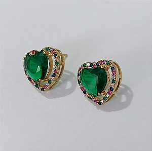 BRINCO NO BRUTO PRONTO PARA O BANHO (BASE DE 15MM TODA CRAVEJADA EM MICRO ZIRCONIAS COLORIDA E PEDRA DE ZIRCONIA DE10MM CORAÇÃO(PEÇA EM ALTA FUSÃO) - PESO DO BRINCO 4,3GR - BRU3810