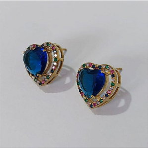 BRINCO NO BRUTO PRONTO PARA O BANHO (BASE DE 15MM TODA CRAVEJADA EM MICRO ZIRCONIAS COLORIDA E PEDRA DE ZIRCONIA DE10MM CORAÇÃO(PEÇA EM ALTA FUSÃO) - PESO DO BRINCO 4,3GR - BRU3811
