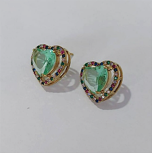 BRINCO NO BRUTO PRONTO PARA O BANHO (BASE DE 15MM TODA CRAVEJADA EM MICRO ZIRCONIAS COLORIDA E PEDRA DE ZIRCONIA DE10MM CORAÇÃO(PEÇA EM ALTA FUSÃO) - PESO DO BRINCO 4,3GR - BRU3817