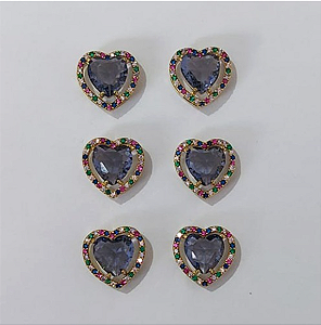 BRINCO NO BRUTO PRONTO PARA O BANHO - KIT COM 3 BRINCOS DE PINO COM BASE EM ALTA FUSÃO CRAVEJADA EM MICRO ZIRCONIA COLORIDA DE 14MM E PEDRA DE ZIRCONIAS DE10X10MMMM - PESO DO PAR 3.8GR - BRU3821