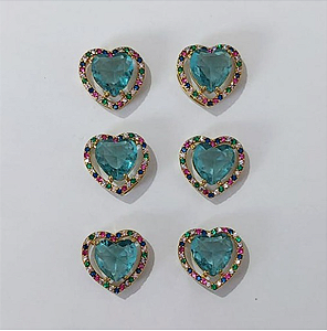 BRINCO NO BRUTO PRONTO PARA O BANHO - KIT COM 3 BRINCOS DE PINO COM BASE EM ALTA FUSÃO CRAVEJADA EM MICRO ZIRCONIA COLORIDA DE 14MM E PEDRA DE ZIRCONIAS DE10X10MMMM - PESO DO PAR 3.8GR - BRU3822