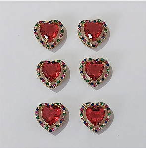 BRINCO NO BRUTO PRONTO PARA O BANHO - KIT COM 3 BRINCOS DE PINO COM BASE EM ALTA FUSÃO CRAVEJADA EM MICRO ZIRCONIA COLORIDA DE 14MM E PEDRA DE ZIRCONIAS DE10X10MMMM - PESO DO PAR 3.8GR - BRU3823