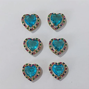 BRINCO NO BRUTO PRONTO PARA O BANHO - KIT COM 3 BRINCOS DE PINO COM BASE EM ALTA FUSÃO CRAVEJADA EM MICRO ZIRCONIA COLORIDA DE 14MM E PEDRA DE ZIRCONIAS DE10X10MMMM - PESO DO PAR 3.8GR - BRU3825