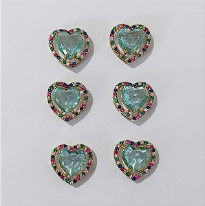 BRINCO NO BRUTO PRONTO PARA O BANHO - KIT COM 3 BRINCOS DE PINO COM BASE EM ALTA FUSÃO CRAVEJADA EM MICRO ZIRCONIA COLORIDA DE 14MM E PEDRA DE ZIRCONIAS DE10X10MMMM - PESO DO PAR 3.8GR - BRU3834