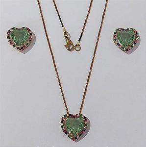 CONJUNTO NO BRUTO PRONTO PARA O BANHO CORRENTE VENEZIANA (BASE DE 15MM TODA CRAVEJADA EM MICRO ZIRCONIAS COLORIDA E PEDRA DE ZIRCONIA DE10MM CORAÇÃO(PEÇA EM ALTA FUSÃO) - PESO DO BRINCO 4,3GR - BRU3876
