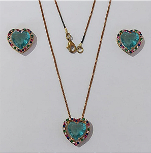 CONJUNTO NO BRUTO PRONTO PARA O BANHO CORRENTE VENEZIANA (BASE DE 15MM TODA CRAVEJADA EM MICRO ZIRCONIAS COLORIDA E PEDRA DE ZIRCONIA DE10MM CORAÇÃO(PEÇA EM ALTA FUSÃO) - PESO DO BRINCO 4,3GR - BRU3885