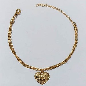 PULSEIRA FOLHEADO A OURO - BANHADO COM 5 MILÉSIMOS + VERNIZ DIAMOND - PULSEIRA 15CM TRIPLA DE BOLINHAS COM PINGENTE CORAÇÃO FÉ 15MM + EXTENSOR - OURO1198