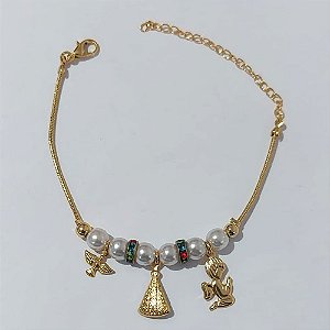 PULSEIRA FOLHEADO A OURO - BANHADO COM 5 MILÉSIMOS + VERNIZ CATAFORÉTICO - PULSEIRA 12CM COM PÉROLAS E PINGENTES ANJO, ESPÍRITO SANTO E NOSSA SENHORA APARECIDA - EXTENSOR - OURO1194