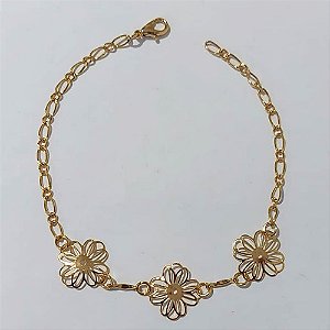 PULSEIRA FOLHEADO A OURO + VERNIZ CATAFORÉTICO - PULSEIRA 18CM COM FLORES VAZADAS - OURO1192