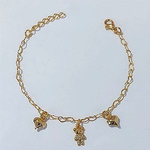 PULSEIRA FOLHEADO A OURO + VERNIZ CATAFORÉTICO - PULSEIRA 14CM CORAÇÕES E URSINHO CRAVEJADO+ EXTENSOR - OURO1190