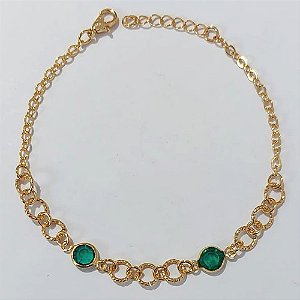 PULSEIRA FOLHEADO A OURO + VERNIZ CATAFORÉTICO - PULSEIRA 16CM CÍRCULOS VAZADOS E PEDRA CRISTAL VERDE + EXTENSOR - OURO1189