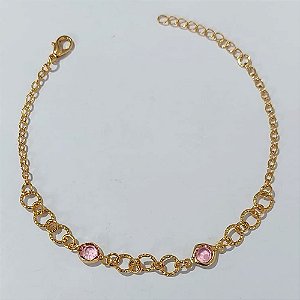 PULSEIRA FOLHEADO A OURO + VERNIZ CATAFORÉTICO - PULSEIRA 16CM CÍRCULOS VAZADOS E PEDRA CRISTAL ROSA+ EXTENSOR - OURO1188