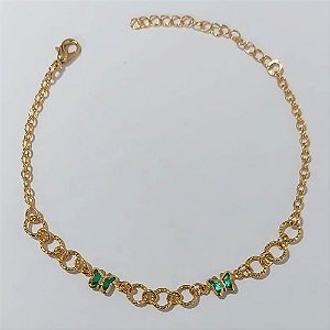 PULSEIRA FOLHEADO A OURO + VERNIZ CATAFORÉTICO - PULSEIRA 16CM CÍRCULOS VAZADOS E BORBOLETA DE VIDRO VERDE + EXTENSOR - OURO1187