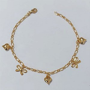 PULSEIRA FOLHEADO A OURO + VERNIZ CATAFORÉTICO - PULSEIRA 19 CM COM CORAÇÕES E LAÇOS - OURO1185