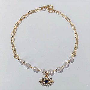 PULSEIRA FOLHEADO A OURO + VERNIZ CATAFORÉTICO - PULSEIRA 19CM COM PÉROLAS E OLHO GREGO COM MICRO ZIRCÔNIAS - OURO1184