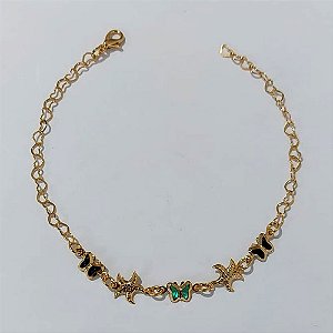 PULSEIRA FOLHEADO A OURO + VERNIZ CATAFORÉTICO - PULSEIRA 19CM COM BORBOLETAS DE PEDRA CRISTAL CO.LORIDAS- OURO1183