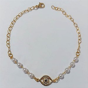 PULSEIRA FOLHEADO A OURO + VERNIZ CATAFORÉTICO - PULSEIRA 21CM COM PÉROLAS E OLHO GREGO COM MICRO ZIRCÔNIA - OURO1181
