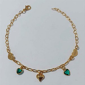 PULSEIRA FOLHEADO A OURO + VERNIZ CATAFORÉTICO - PULSEIRA 20CM COM CORAÇÕES - OURO1180